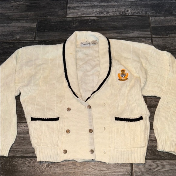 Primavera large 1980s cardigan sweater vintage Cream Cardigan with Black Accents - Picture 1 of 7